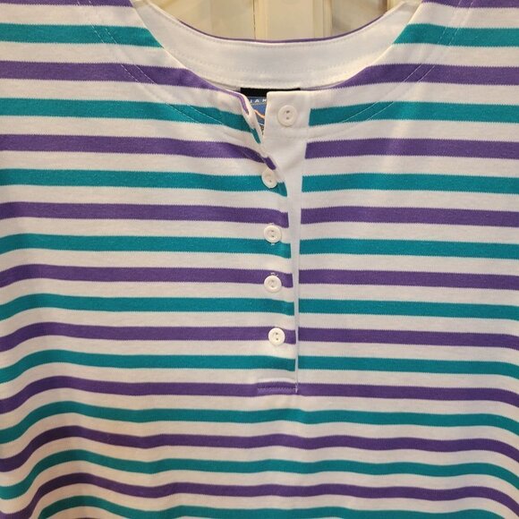 Vintage Jantzen Classic Lg Striped SS 1/4 Button Jersey Knit Blouse Round Hem - Picture 2 of 7